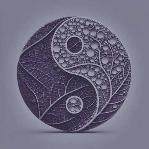 Detaillierte Yin-Yang-Darstellung mit organischen Blattstrukturen und kreisförmigen Mustern in sanften Violett- und Grautönen. Symbolisiert Balance, Nachhaltigkeit und Naturverbundenheit - eine CBD Wirkung"
