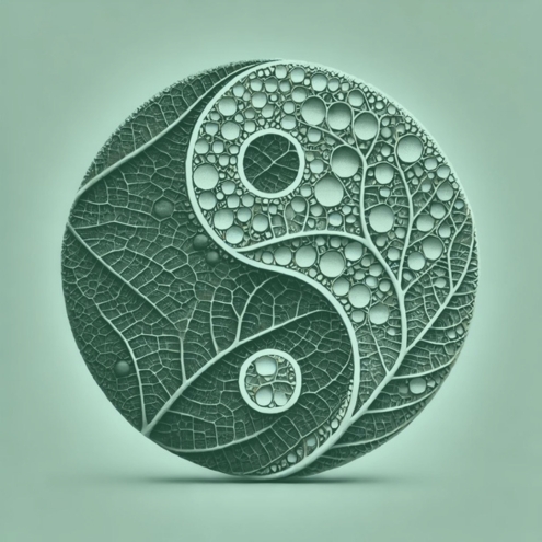 Detaillierte Yin-Yang-Darstellung mit filigranen Blattstrukturen und organischen Kreismustern in sanften Grüntönen. Symbolisiert Balance und Naturverbundenheit.