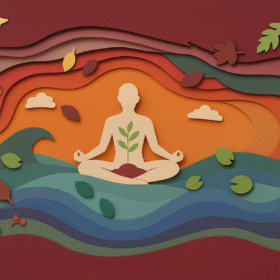 Illustration einer meditierenden Person mit wachsender Pflanze im Inneren, symbolisiert die natürliche CBD-Wirkung ohne Rausch, umgeben von bunten Blättern und Wellen.