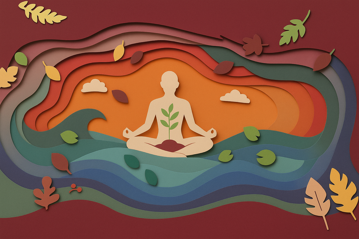 Illustration einer meditierenden Person mit wachsender Pflanze im Inneren, symbolisiert die natürliche CBD-Wirkung ohne Rausch, umgeben von bunten Blättern und Wellen.